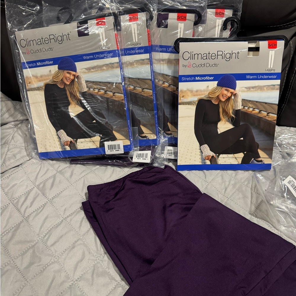 5 Purple ClimateRight by Cuddl Duds Stretch Microfiber Warm Underwear Leggings